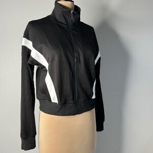 Black White Striped Track Jacket Zip Up Workout Pockets